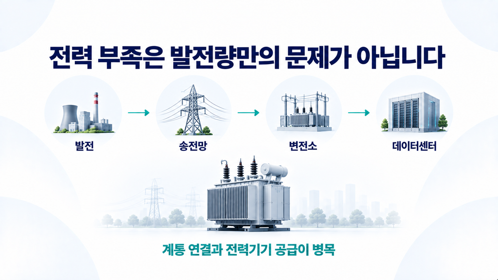 발전소에서 송전망과 변전소를 거쳐 AI 데이터센터에 전력이 공급되는 과정