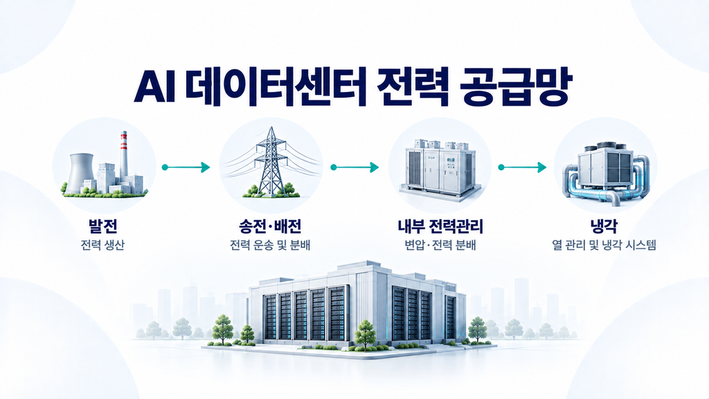 발전과 송전·배전, 내부 전력관리 및 냉각으로 구성된 AI 데이터센터 공급망