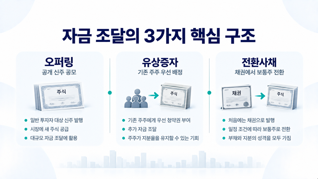 오퍼링, 유상증자, 전환사채의 대상 및 주식 발행 방식 비교