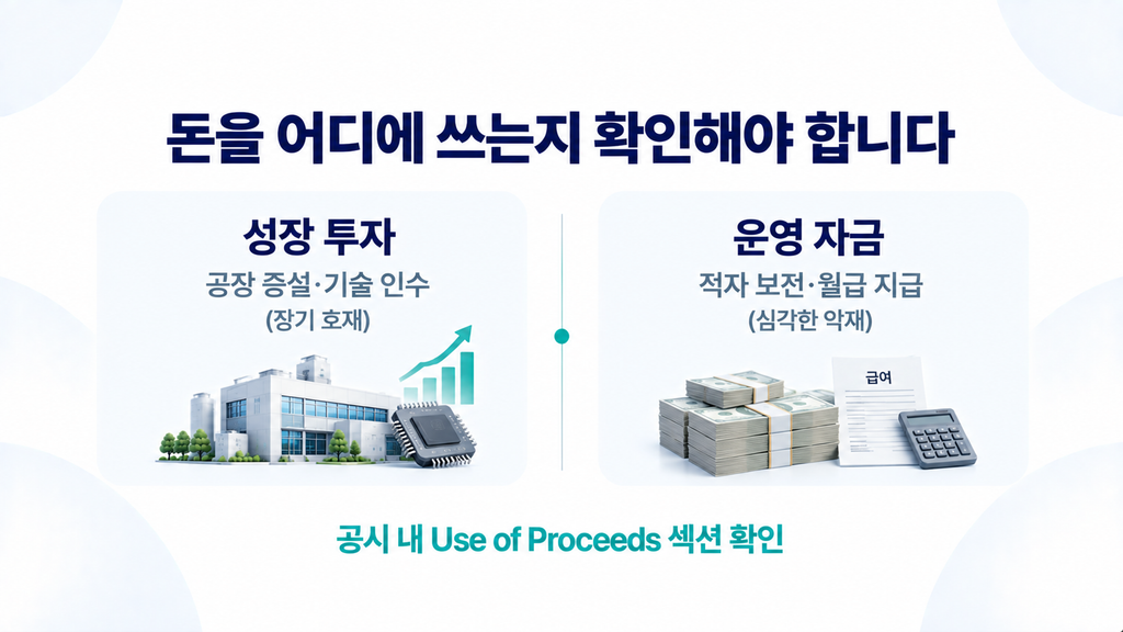 시설 투자 및 M&A 목적의 조달과 단순 운영자금 목적의 조달에 따른 시장 해석 비교